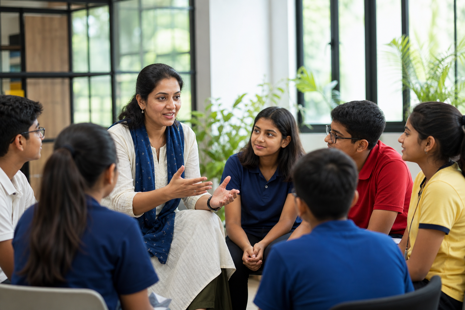 A teacher mentoring students during a youth leadership and empowerment session